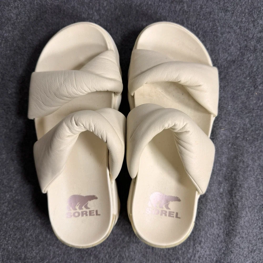 SOREL VIIBE Twist Slide Sandals Women's 8 Honey White Leather Platform NL4974